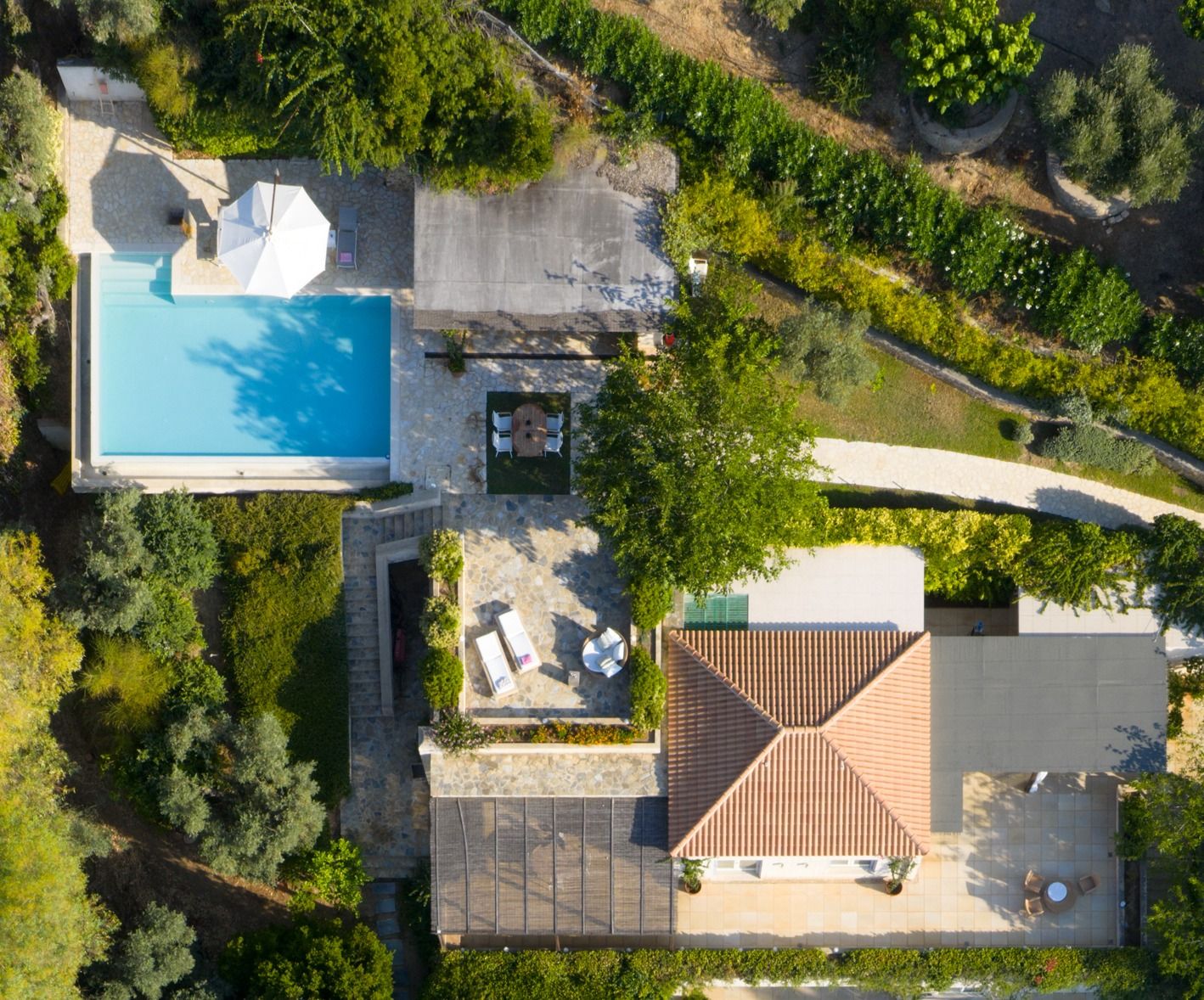 Villa GoldieLocks from above, each bedroom opening onto the terrace